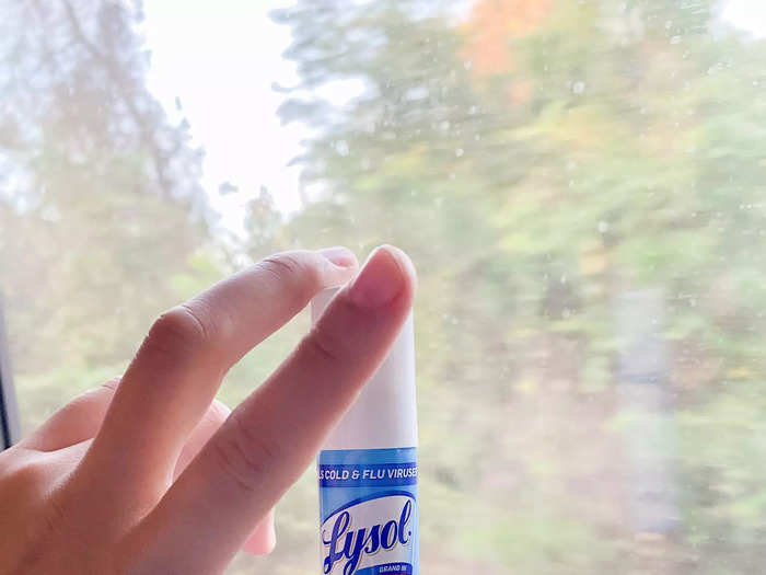 While traveling in a pandemic, I always keep a disinfecting spray with me to make sure the surfaces I use are clean.