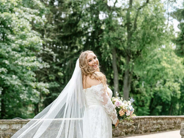 Amy chose an off-the-shoulder dress for the surprise wedding.