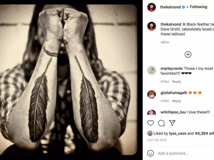 Similarly, Von D created two giant feathers on Dave Grohl