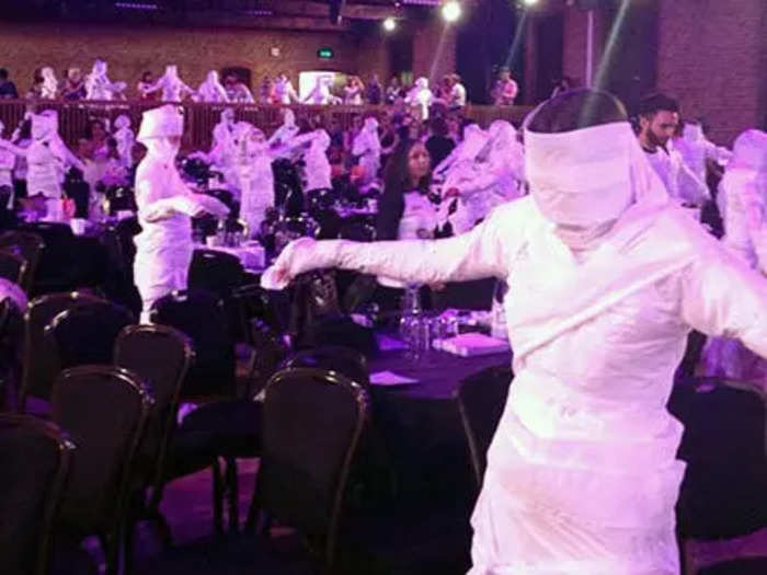 At this record-setting event, 51 people were wrapped as mummies in three minutes.