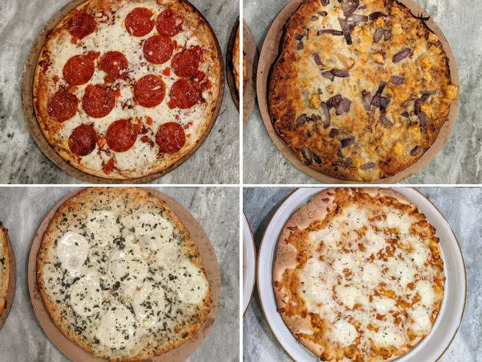 I chose four varieties of thin-crust pizza and bought them at each store.