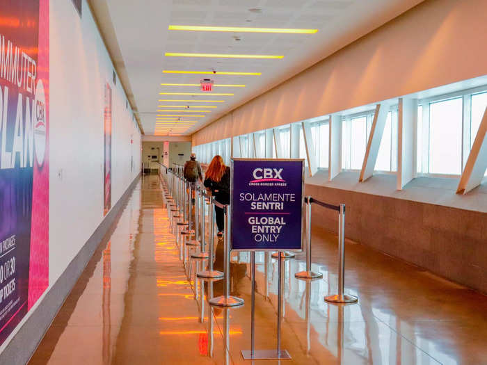 Social distancing placards led the way to the border checkpoint but there was no real line on the bridge. Global Entry members are also guided to a separate line for expedited processing.