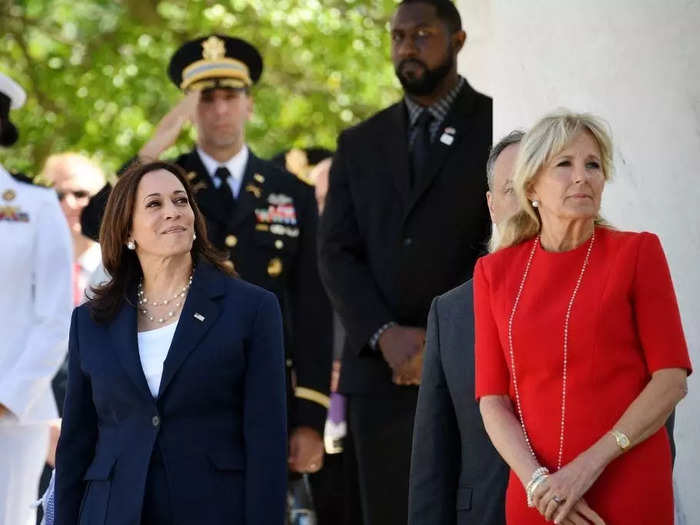 Biden chose a red Brandon Maxwell dress for a Memorial Day service in May.