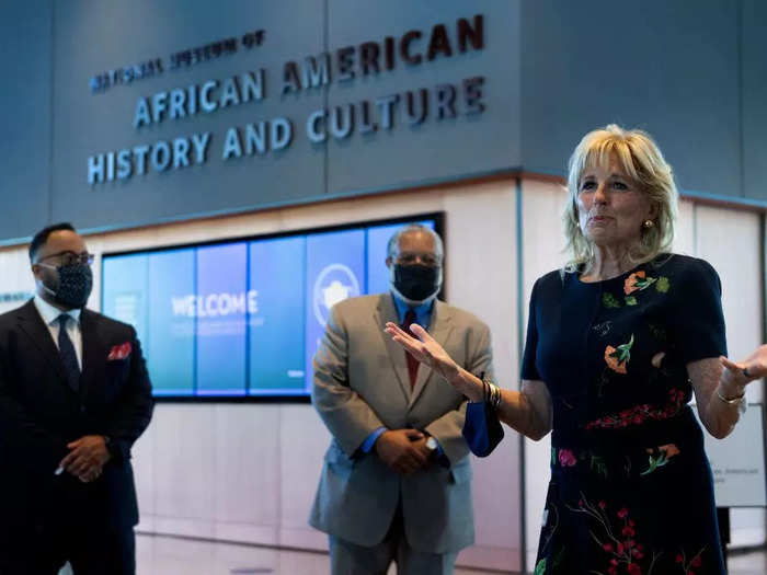 Biden wore a blue Oscar de la Renta gown with flower embroidery to visit the National Museum of African American History in May.