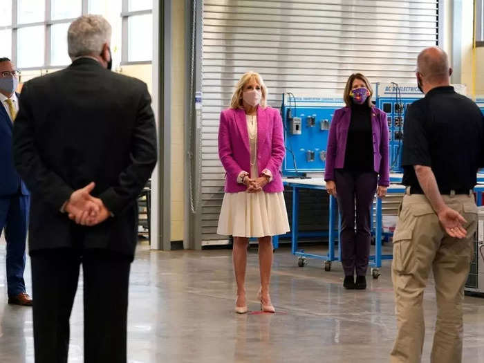 In April, Biden visited Sauk Valley Community College in Dixon, Illinois, wearing a white dress with a pink blazer.