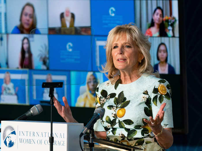 Biden has worn a lemon print dress designed by Oscar de la Renta several times as first lady.