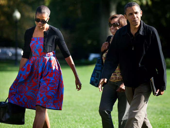 A few months later in October, she wore the Sophie Theallet dress while returning from a weekend at Camp David.