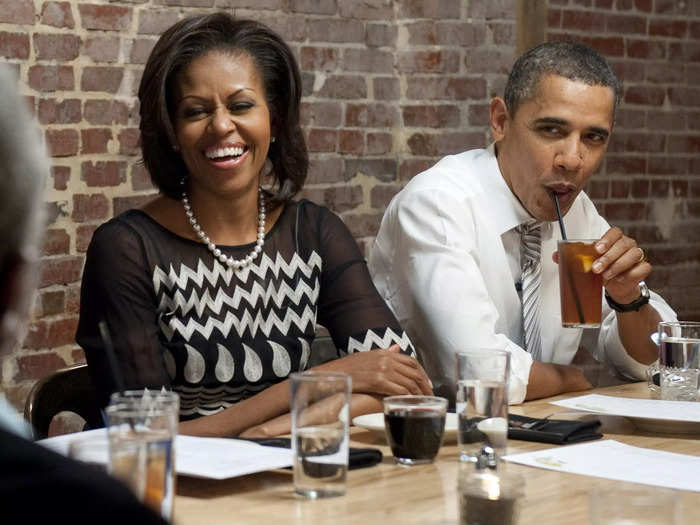 In March 2012, she wore the same dress to dinner with winners of a "Dinner with Barack and Michelle" contest and added pearls.