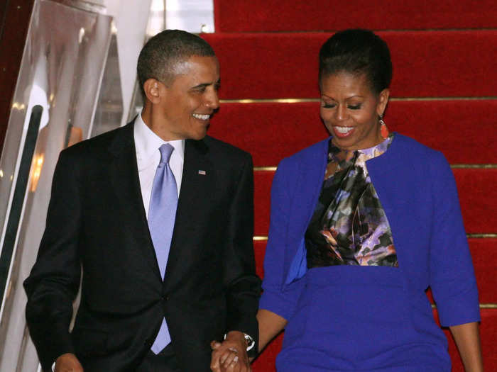 She stepped off Air Force One in a royal blue skirt suit by Preen in May 2011.