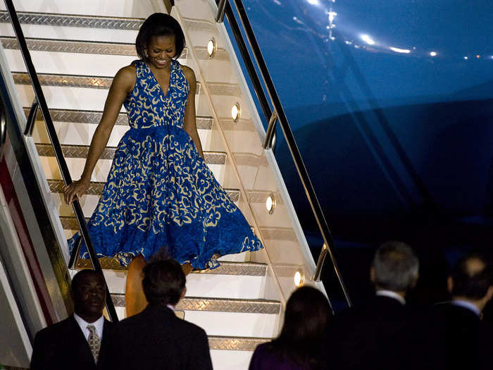 Obama arrived in Mexico City in April 2010 wearing a blue and white Tracy Reese dress.