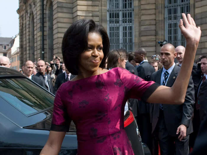 Michelle Obama wore a magenta Thakoon sheath dress to the NATO summit in April 2009.