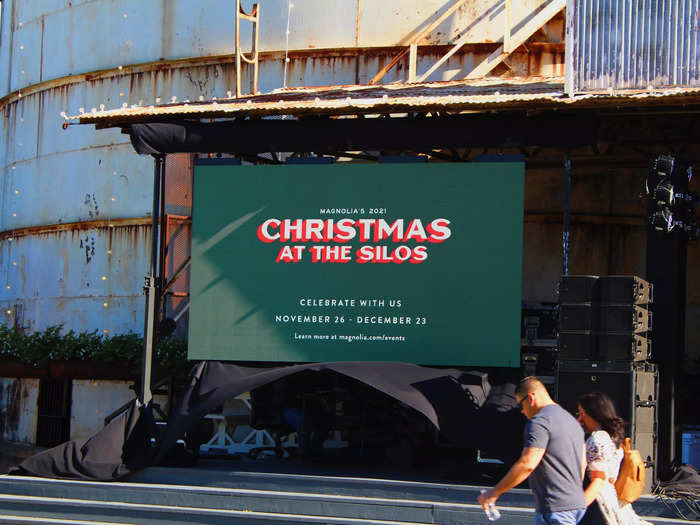 A sign underneath the Silos advertised the vendors open for business during Silobration, as well as the upcoming Christmas at the Silos event.