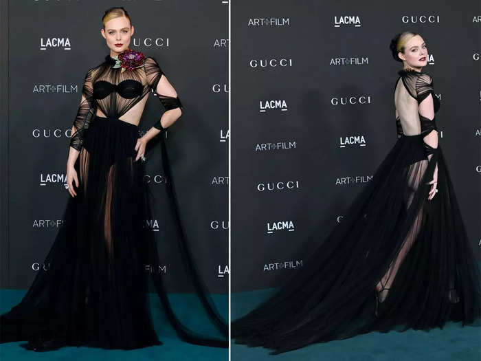 Elle Fanning stunned in a sheer black gown with cutouts on the bodice and sleeves.