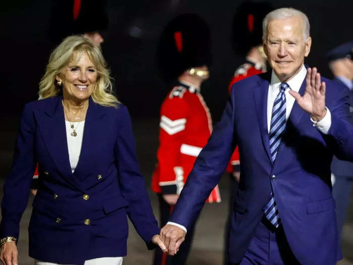 President Joe Biden and first lady Dr. Jill Biden wore matching navy jackets in June 2021.