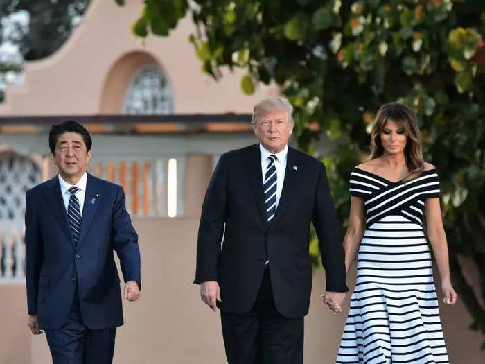 The Trumps wore matching black and white stripes at Mar-a-Lago in April 2018.