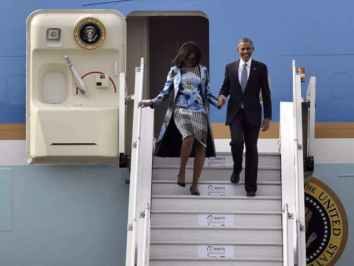 Obama wore slate blue again while arriving in India in January 2015, coordinating with Michelle