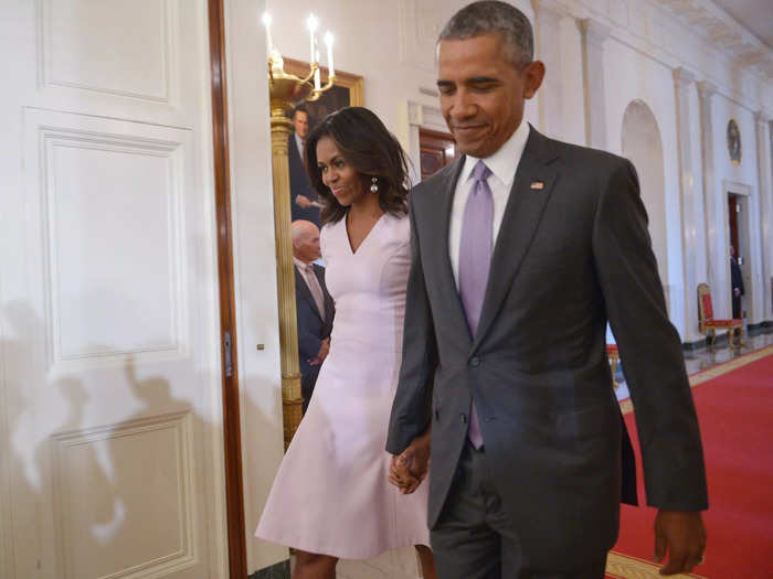 In September 2015, Obama wore a light mauve tie that complemented Michelle