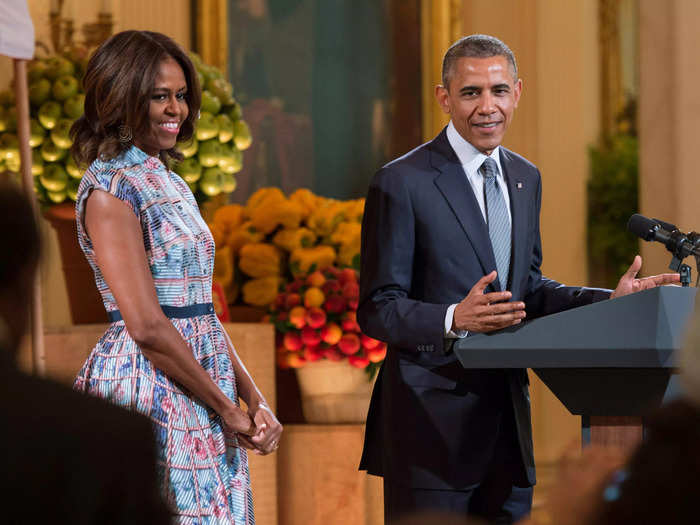 They matched again in July 2014 in slate blue.