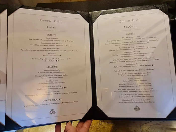 The Queens Grill menu had a wide variety of items to choose from.