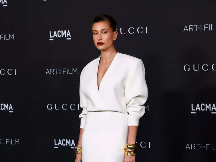 Hailey Bieber looked sophisticated at the 2021 LACMA Art + Film Gala in a white dress.