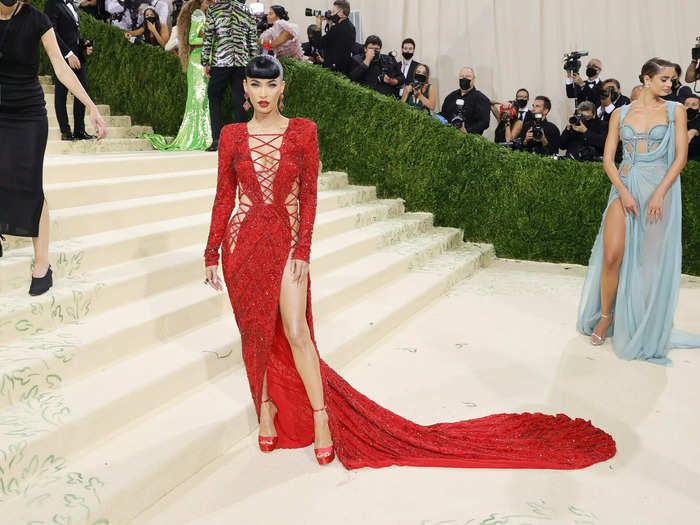 Megan Fox made her Met Gala debut in a spectacular Peter Dundas gown with cutouts, a thigh-high slit, and a long train.