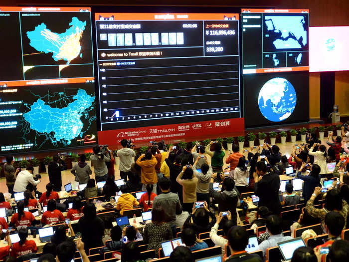 Alibaba traditionally gathers employees at a data center in its Hangzhou headquarters to watch soaring sales volumes.