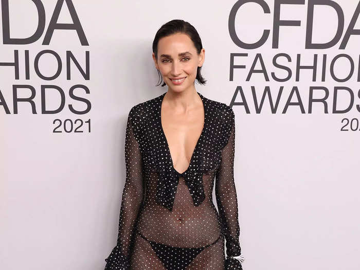 Rebecca Dayan looked fabulous in a completely see-through Khaite dress with a plunging neckline.