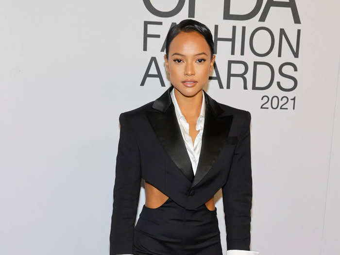 Karrueche Tran wore a fitted black suit designed by Latoia Fitzgerald.