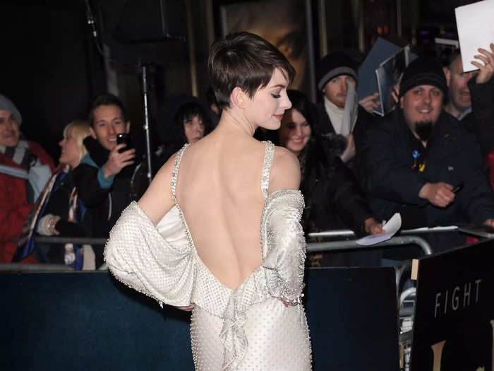 At the world premiere of "Les Misérables" in December 2012, Hathaway stunned in this backless cold shoulder gown.