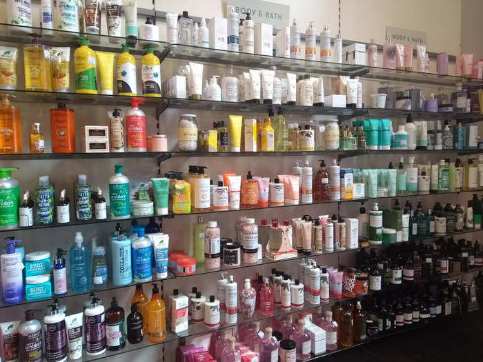 In comparison, the section for body and bath was beautiful, with the products neatly stacked and color-coordinated.