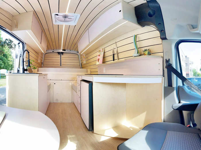 For starters, the interior of their completed van is completely covered in handcrafted wood.