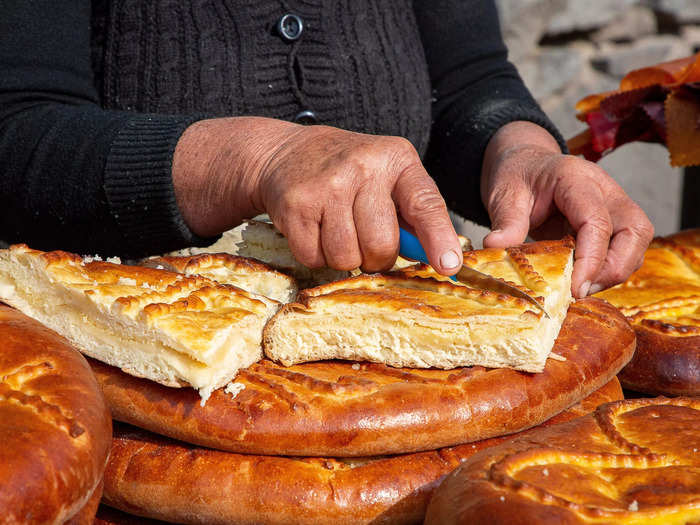 Gata from Armenia is filled with butter, sugar, and chopped walnuts.