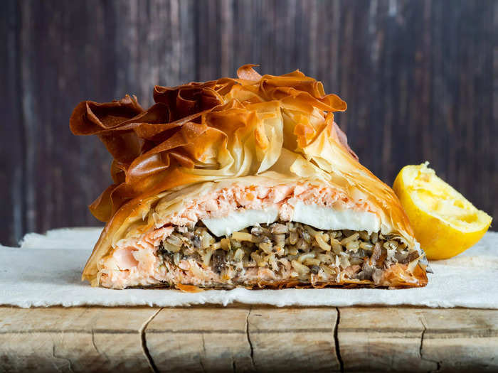 Coulibiac is a traditional Russian pie stuffed with salmon or sturgeon.