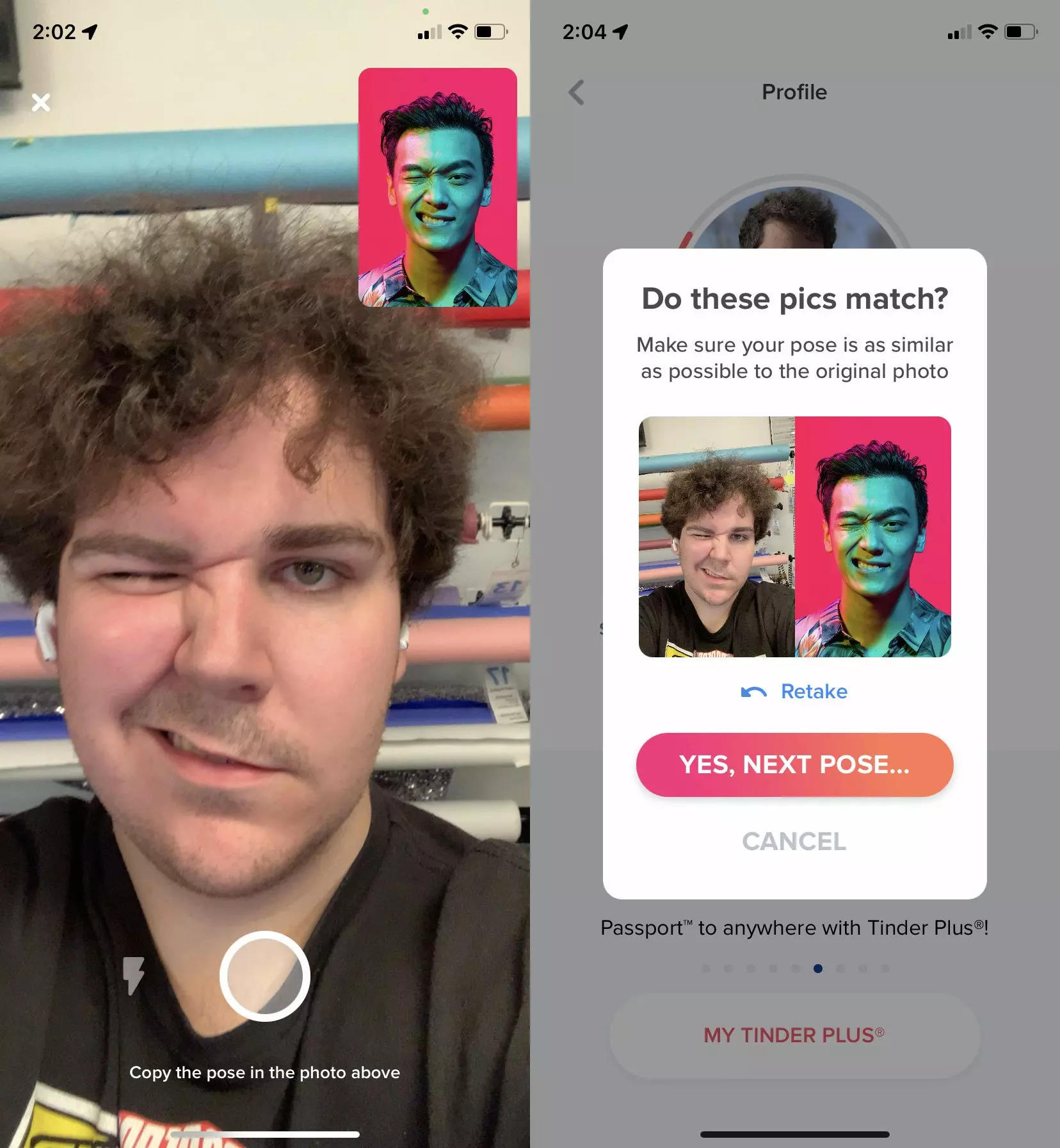 The process to get verified on Tinder, with the user winking to match a model
