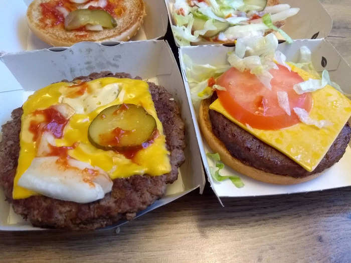 The patties themselves looked quite different. The beef one in the Quarter Pounder was slightly bigger and had fairly rough edges. The McPlant patty had much smoother edges, which made it look more artificial.