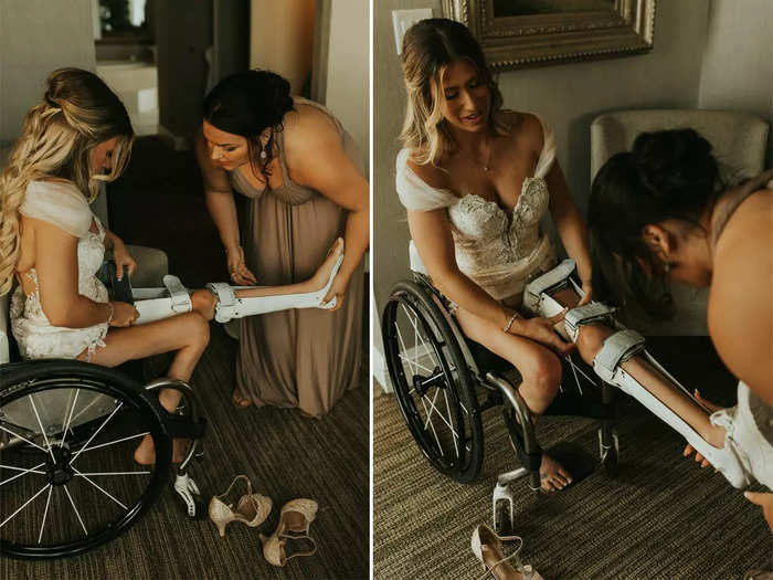 Ahead of the ceremony, Hill put on the leg braces that would allow her to walk down the aisle.