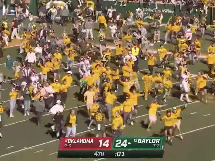 On what should have been the final play of the game, Baylor called a late timeout. Unfortunately, the call came in too late, as fans were already busy partying on the field.