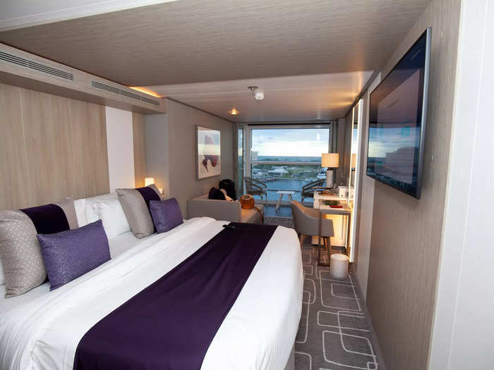 All staterooms have a king bed and a touchscreen that controls features like the temperature, lights, and shades.