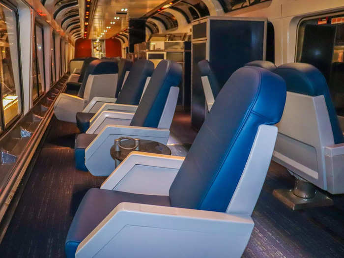 Passengers from any class can take a seat in the observation car on a first-come, first-serve basis. And directly below is the café where drinks and snacks can be purchased on-demand.