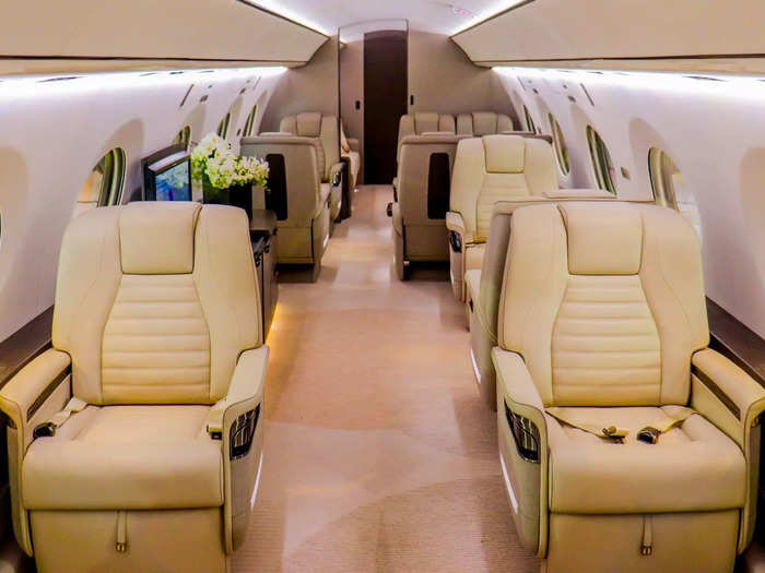 The demonstration aircraft included the traditional private jet seating features included two pairs of seats in the front of cabin...