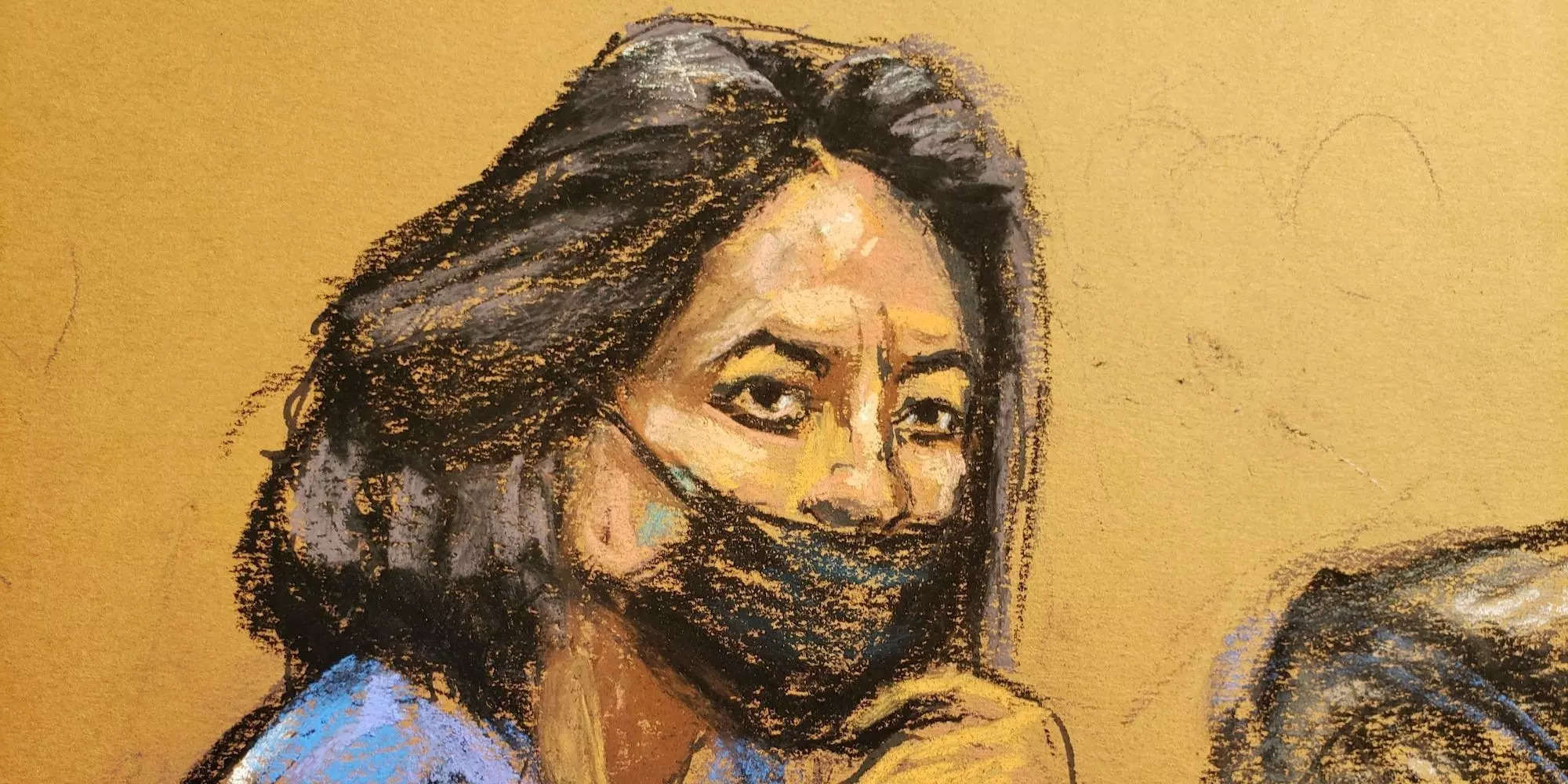 A courtroom sketch of Ghislaine Maxwell from November 2021. She is wearing a blue top and a black mask.