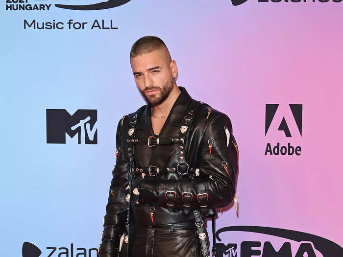 Maluma showed the edgy side of his style in a leather suit covered in charms that looked like tiger teeth.