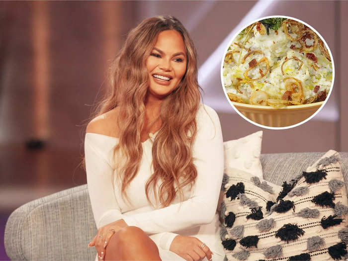 Chrissy Teigen tops her mashed potatoes with crispy shallots.