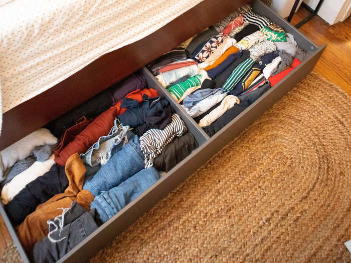 Under-the-bed storage made up for my lack of closet space.