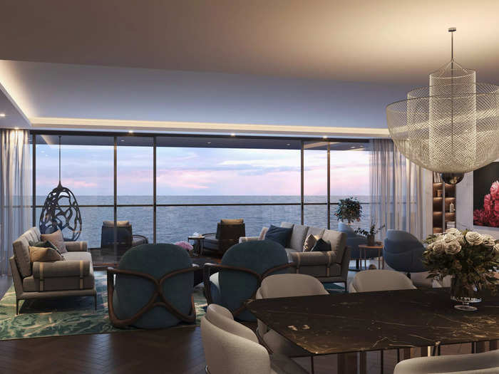 Some apartments will have a kitchen, a gym, a library, dining areas both inside and outside on the terrace. There will also be a shared wine cellar and tasting room that contains 10,000 bottles, as well as restaurants, bars, and a beach club with watersports, Somnio said.