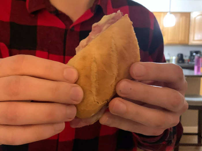 My fiance Joe ordered the New York Steamer on white bread, which is made with brisket, pastrami, provolone, mustard, and mayonnaise.