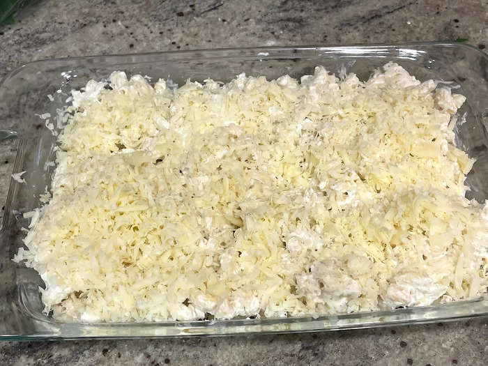 I added the pasta mixture to my baking dish, along with the cheeses.