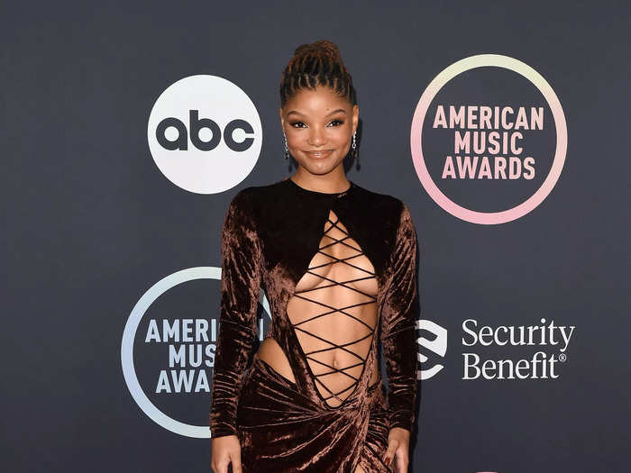 Halle Bailey wowed in a lace-up LaQuan Smith dress with coordinating heels.