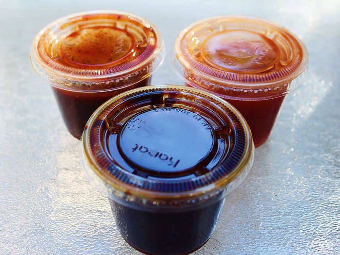 My meal came with three different kinds of barbecue sauce. I loved all of them, though I preferred the darkest, thickest one.