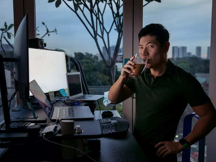 8 to 9 a.m: Tan starts work at home with an oat milk manuka latte made by his wife.